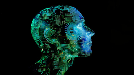 Obraz premium Futuristic human head made of circuit boards representing artificial intelligence and digital mind.