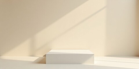 Minimalist Cream-Colored Room with a White Square Display Platform Illuminated by Sunlight