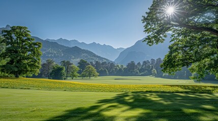 Naklejka premium Tranquil summer meadow filled with vibrant yellow dandelions and lush green grass under blue sky