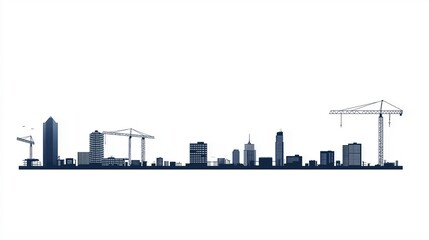 Obraz premium Silhouette of a city skyline with multiple tall buildings and cranes. the buildings are arranged in a grid-like pattern, with the tallest buildings in the center and the smaller ones on either side.