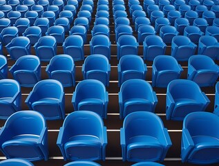 Fototapeta premium Rows of empty blue plastic chairs arranged in a symmetrical pattern in an auditorium or stadium, creating a repetitive geometric perspective and modern seating arrangement