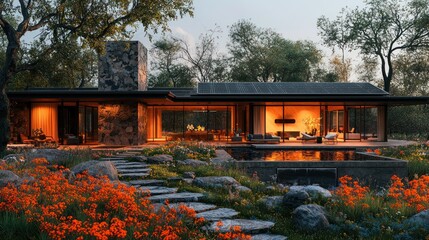 Fototapeta premium Modern Ranch House with Pool and Blooming Flowers at Dusk