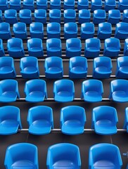 Naklejka premium Rows of empty blue plastic chairs arranged in a symmetrical pattern in an auditorium or stadium, creating a repetitive geometric perspective and modern seating arrangement