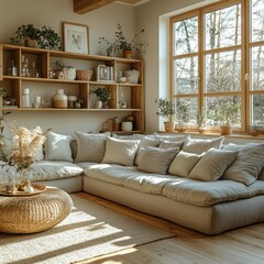 Fototapeta premium Sunlit Living Room with a Cozy Sectional Sofa and Wooden Shelf