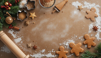 Holiday food background for baking gingerbread cookies with cutters, rolling pin and spices on table top view. Christmas recipe. Copy space for christmas recipe.