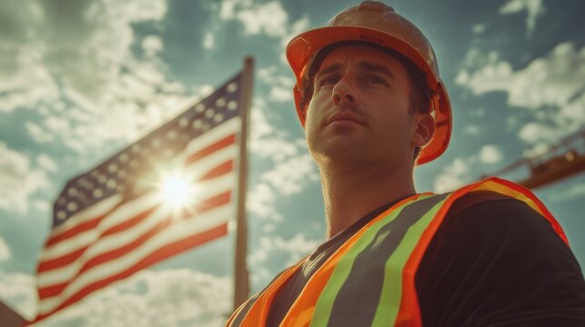 Close-up photo of a 30 year old American construction worker wearing a high-visibility vest. facing camera, with sky clouds background with American flag waving in background