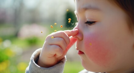 A young child with short hair playfully touches their nose while outdoors. The scene features soft focus greenery and bright flowers in the background, conveying a sense of innocence and joy.
