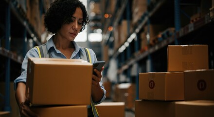 A woman with curly hair checks her smartphone while standing among cardboard boxes in a warehouse. The atmosphere is industrial, emphasizing logistics and inventory management.
