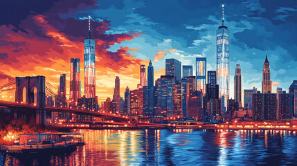 Naklejka premium Famous American cities poster collection. USA red white and blue city prints