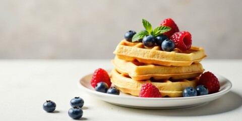 A delightful stack of golden waffles, adorned with plump blueberries and raspberries, sits on a pristine white plate, ready to be savored.