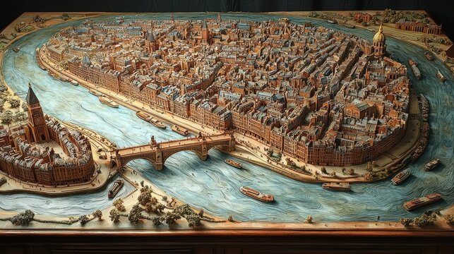 Intricate Wooden Model of 17th Century Paris, ?le de la Cit? & River Seine