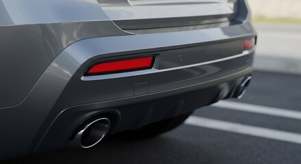 Rear view gray car chrome exhaust pipes. AI Generated