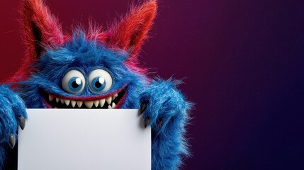 A furry blue monster with pink highlights is joyfully holding up a blank sign. Its large eyes and playful grin reflect a fun and whimsical atmosphere, perfect for creative projects