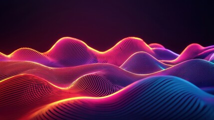 Fototapeta premium Bright neon waves blend vibrant colors to form an abstract landscape. The scene radiates energy and resembles a digital art piece, stretching into the distance