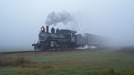 Naklejka premium A classic steam train chugs along the tracks, emitting white smoke against a backdrop of thick fog in the early morning. The vibrant green fields frame the journey