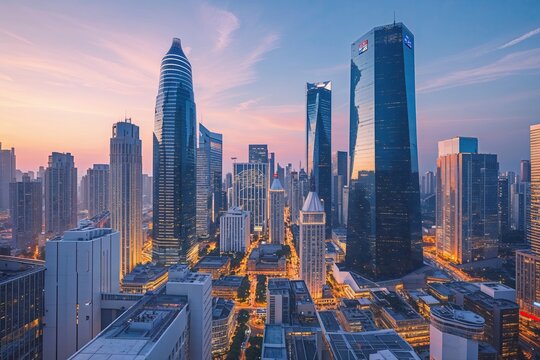 Towering Structures and Bright Architecture in a Bustling Urban Landscape at Noon