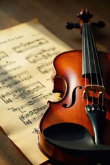 Naklejka premium A Polished Violin Rests Upon Musical Sheet Music, Bathed in Warm Sunlight, Evoking a Sense of Artistic Expression and Musical Harmony