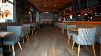 Inviting restaurant interior featuring a warm wooden floor complementing its cozy dining atmosphere