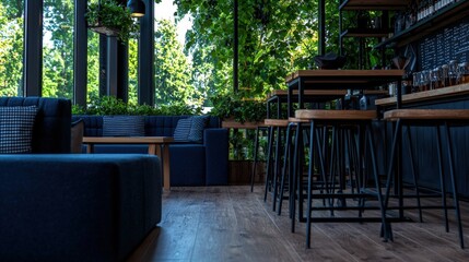 Fototapeta premium Stylish restaurant featuring a contemporary bar and cozy couch with a warm wooden floor design
