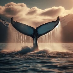 Fototapeta premium Capture a whale’s tail rising from the water slapping the surf