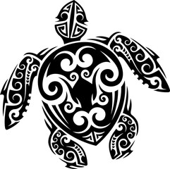 Maori tribal turtle reptile animal tattoo filled with traditional swirling patterns and black ink. Isolated vector tortoise shape reflects longevity and wisdom in cultural and oceanic significance