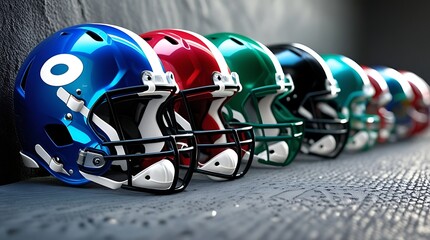 Fototapeta premium A row of football helmets in varying colors, placed on the field, highlighting the distinct designs and team identities for an American football competition or practice session.