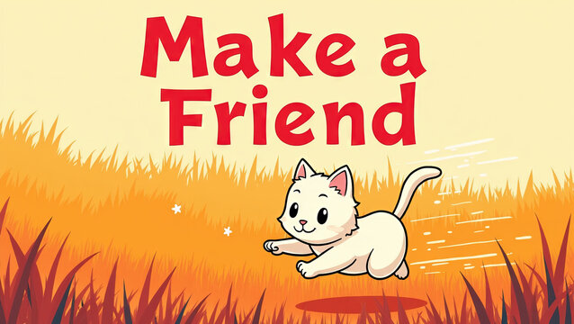 This is a pet graphic design poster, flat illustration style, sketch a running kitten, full of energy and dynamics, grass background, handwritten font title &ldquo;Make a friend&rdquo;, exaggerated cute style fon