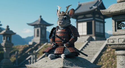 Fototapeta premium A small, armored rodent sits proudly on a stone pedestal in a serene Japanese landscape - chin rabbit | chinchilla rabbit