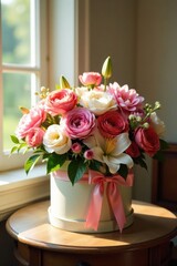 A delicate arrangement of pink and white blossoms, nestled in a hatbox adorned with a pastel pink ribbon, bathed in warm sunlight near a window.
