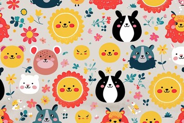Vibrant Cartoon Animal Pattern Featuring Joyful Faces on a Bright Background