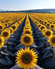 Obraz premium Vibrant field of sunflowers reaching for the sun creating a stunning landscape of bright yellow