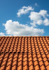 Red tile roof against vibrant blue sky and fluffy clouds Clean lines and warm color palette. AI Generated