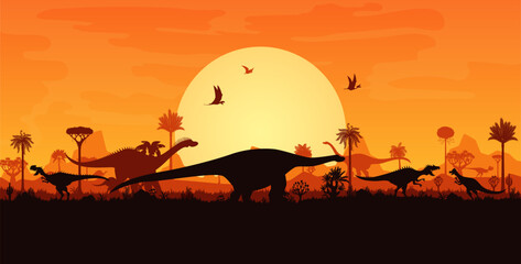 Prehistoric dinosaurs silhouettes on sunset landscape with trees and plants. Vector background with terrain dino species and flying pterosaur shadows in front of the large orange sun in a dusk sky © Vector Tradition