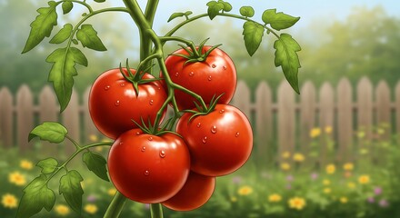 Vibrant red tomatoes on the vine garden scene. AI Generated