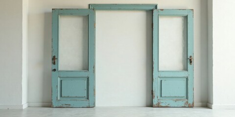 Distressed teal double doors open to a blank wall, offering a serene, minimalist interior design concept.