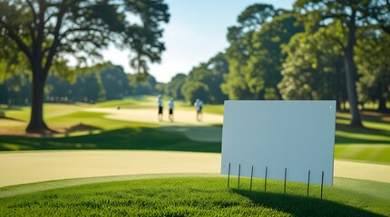Beautiful golf course with manicured fairways, golf tee in the foreground, and players in the distance, capturing the essence of outdoor sports and relaxation


