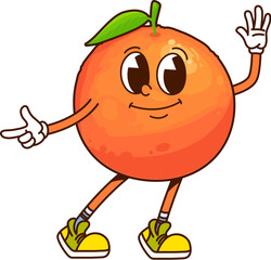 Cartoon funny groovy tropical orange fruit character. Isolated vector tropical tangerine mandarin citrus fruit personage with happy and joyful expression, flashing finger gun gesture with hippie vibe