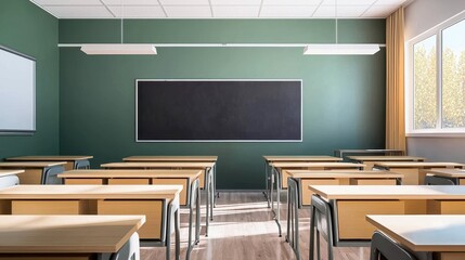 A modern classroom featuring wooden desks, a large chalkboard, green walls, and natural light from windows, ready for learning and teaching activities.