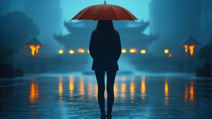 Solitary Figure Underneath a Crimson Umbrella in a Mystical Asian City