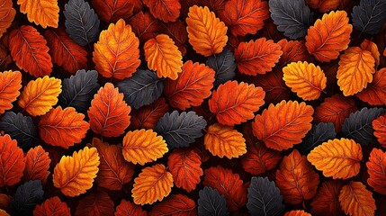 Fototapeta premium Autumnal Leaves: A vibrant tapestry of fall foliage in rich oranges and dark grays. A digital illustration showcasing the beauty of autumn's colors.
