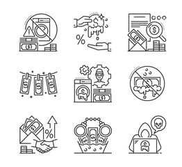 AML anti money laundering icons of economic crime and financial fraud, vector line signs. AML icons of corruption bribe, cyber scam or illegal finance and banking payments for anti money laundering