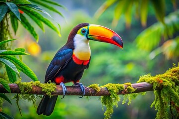 Obraz premium Vibrant toucan perched on a tree branch in a lush rainforest, showcasing its colorful beak and wild beauty