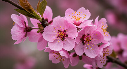 Close-Up of Pink Cherry Blossoms in Full Bloom with Delicate Petals and Yellow Stamens,flower, pink, nature, garden, bloom, plant, flowers, blossom, flora, spring, petal, purple, summer, floral, 