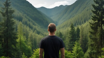 Rear view of a man in a black t-shirt enjoying a breathtaking mountain forest, peaceful nature, relaxation, inspiration, outdoor adventure, wanderlust, and escape from daily life


