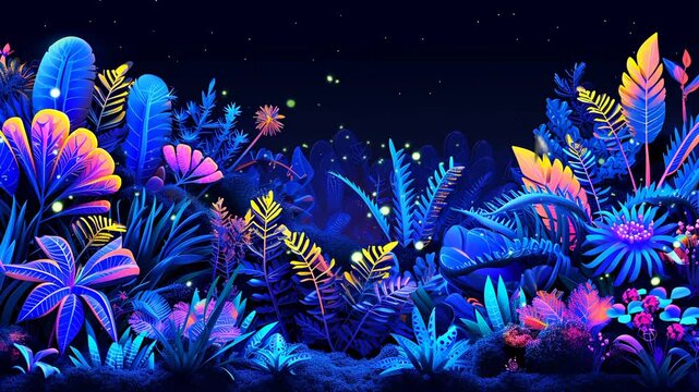 Glowing neon jungle filled with abstract tropical plants and fantasy leaves illuminated in colorful night forest scene. Fantasy environment concept
