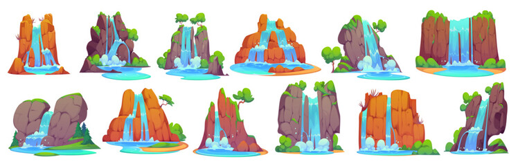 Cartoon waterfall water cascades set with mountains and jungle forest trees. Vector nature landscape scenery view of waterfalls, mountain river or stream cascades, blue water splashes, mist and drops © Vector Tradition