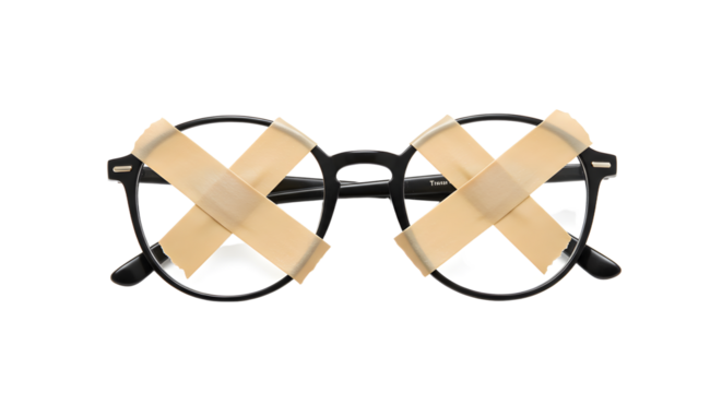 Eyeglasses Covered with Adhesive Tape on White Background Close Up