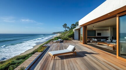 Modern beach house deck overlooking the ocean with chaise lounges and open doors