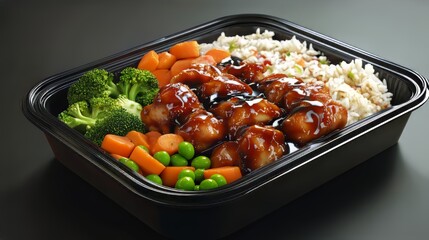 Delicious takeout box with chicken, vegetables, and rice. Balanced and convenient meal for a quick dinner.