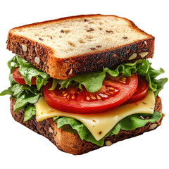 Stacked sandwich, showcasing fresh ingredients, on a black background, studio shot